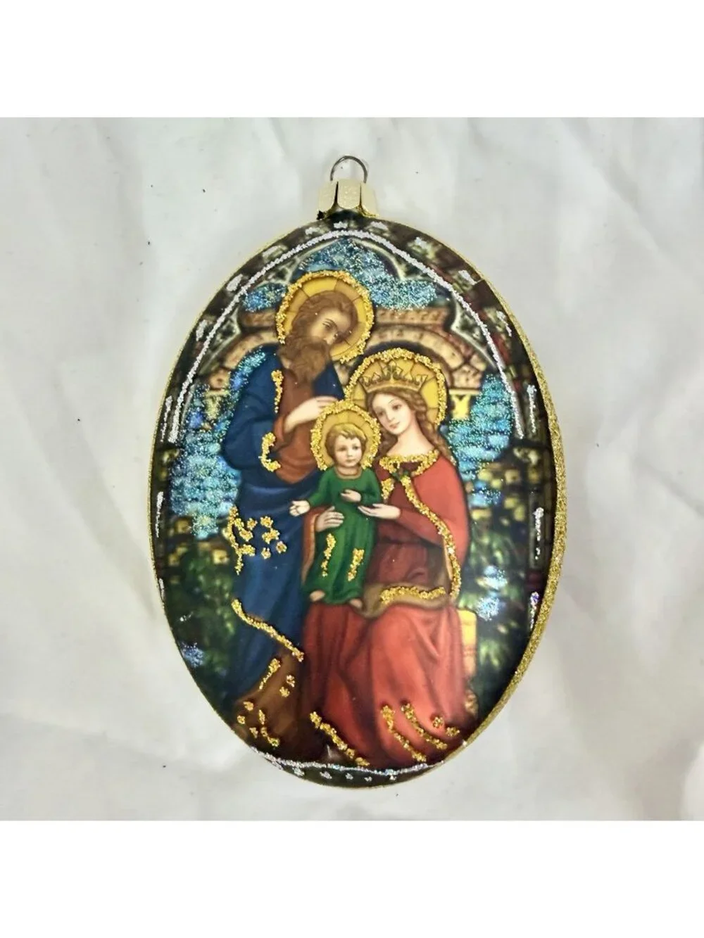Vintage Holy Family Blown Glass Christmas Ornament Blue Gold Glitter 4”